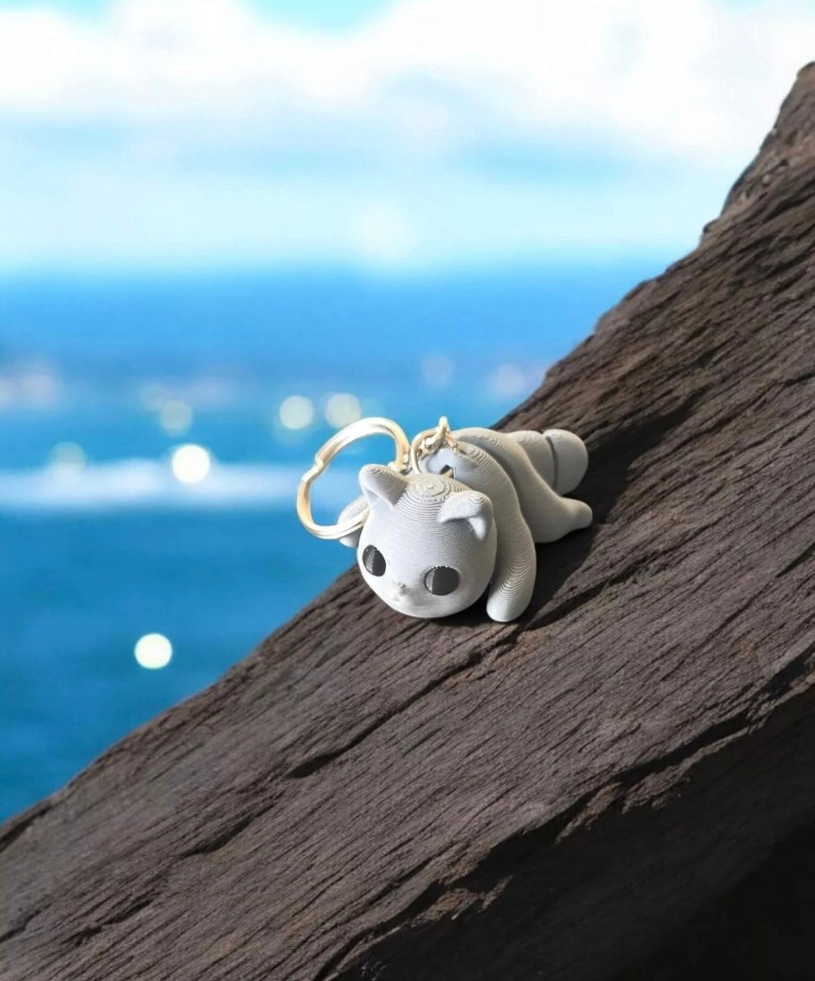 Porte-clé 3D Chat gris en Mais Naturel - Fait main en Bretagne