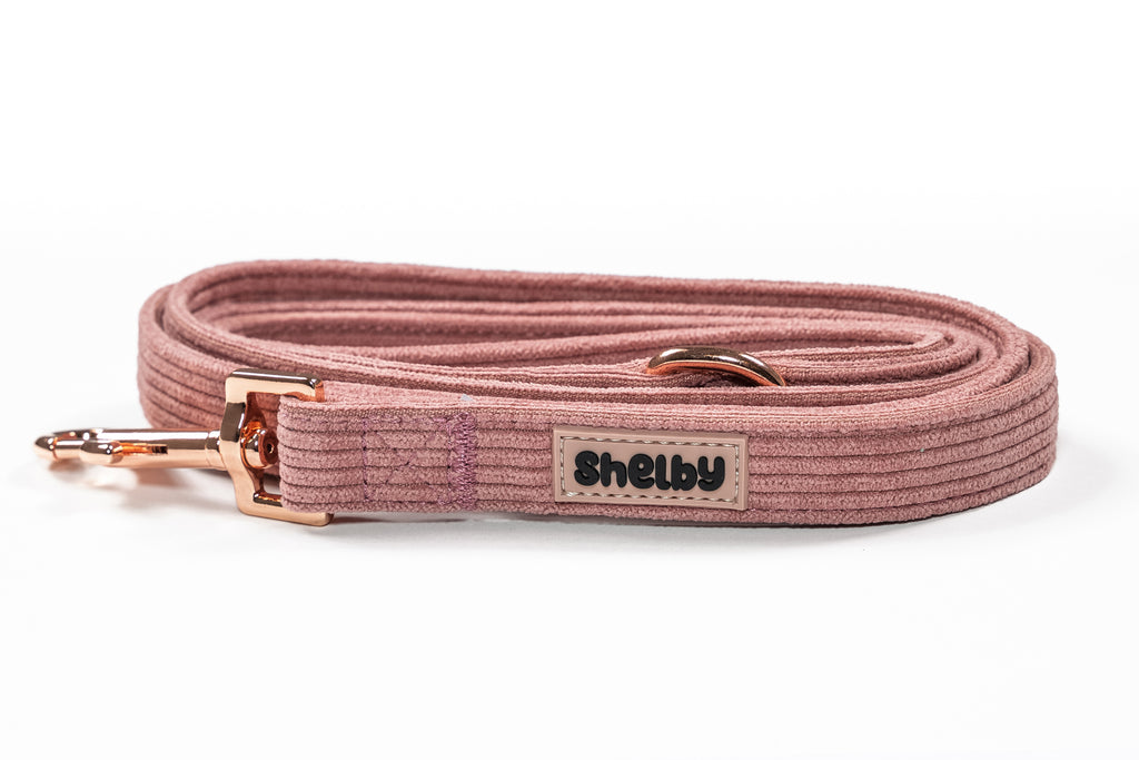 Laisse pour chien en velours rose côtelé PANA FORTE – Fait main, élégante et résistante avec mousqueton métallique